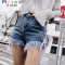 Mtiny牛仔短裤女高腰夏季新款韩版显瘦百搭时尚纯色绑带毛边热裤潮 XL 蓝色