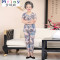 Mtiny中老年新款夏季短袖大码衬衫女装 妈妈装夏装奶奶T恤上衣裤子套装_9 XL---(适合体重90斤-105斤） 树叶蓝