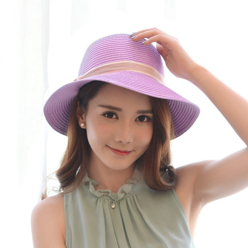 2017款】春夏韩版优雅女士遮阳帽出游沙滩海边渔夫帽子防晒太阳草帽MZ112 蝴蝶紫色