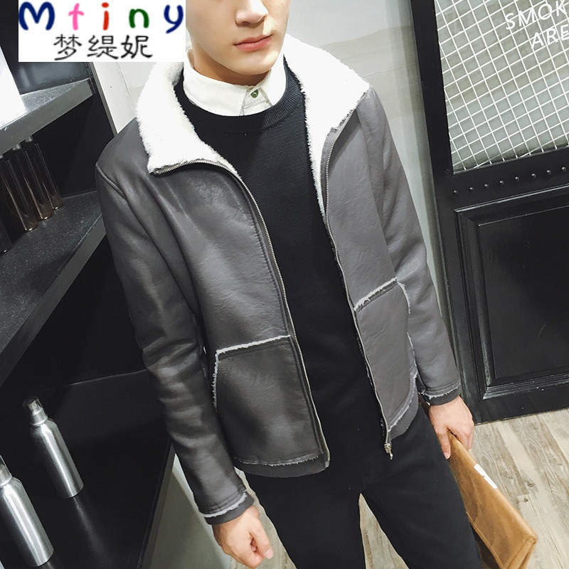 Mtiny男士皮衣夹克外套翻领秋冬季加绒加厚修身韩版青年帅气机车服潮流 5XL 灰色