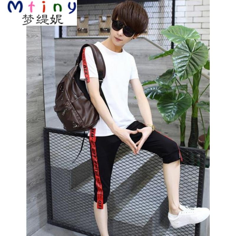 Mtiny青少年运动高中学生17夏季外套男士韩版连帽短袖棉卫衣套装两件套 M T08白/红条