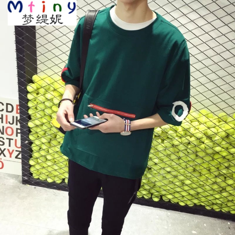 Mtiny港仔秋季情侣装韩版简约学生男女个性徽章薄套头圆领七分袖卫衣 S 308#绿色