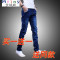 Mtiny夏季弹力修身男士牛仔裤男薄款韩版青少年小脚裤潮男装休闲长裤子 33 英文口袋+天蓝裤
