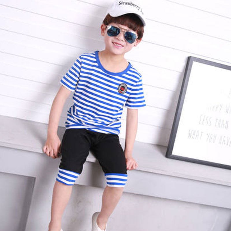 2017新品夏季男童短袖套装童装2017儿童新款宝宝夏季中大童休闲韩版两件套潮简约小清新多款多色可选 130cm 细宝蓝0099