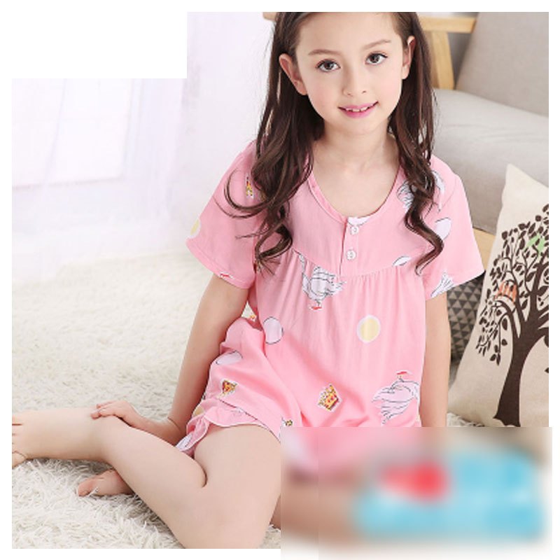 2017新品夏季儿童女童睡衣短袖短裤薄款小孩中大童绵绸宝宝家居服套装简约小清新多款多色可选 150cm 短袖短裤粉色卡通天鹅