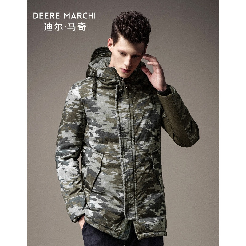 迪尔马奇冬装新款男士羽绒服迷彩连帽中长款保暖外套M13757绿色
