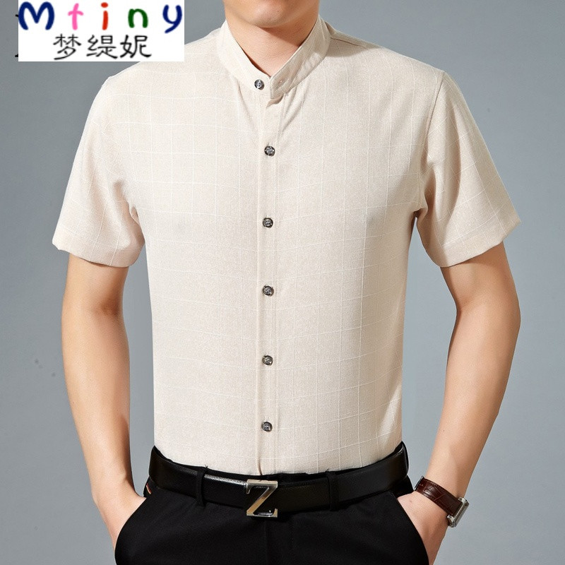 Mtiny夏季亚麻衬衫男短袖宽松立领休闲衬衣爸爸装中年2017新款 195/XXXXL 8526米色