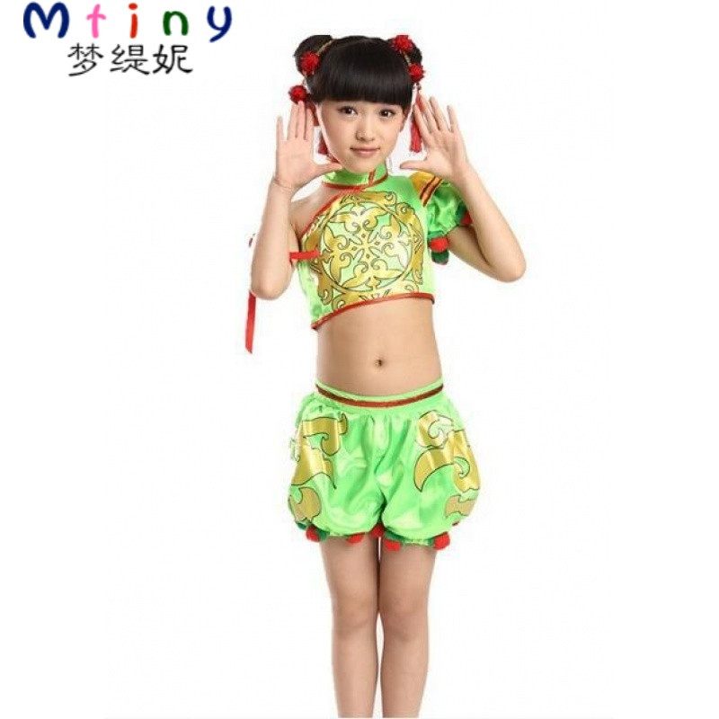Mtiny儿童打鼓服演出服财神娃娃中国风男女民族肚兜灯笼舞蹈服表演服装 100cm 浅绿色