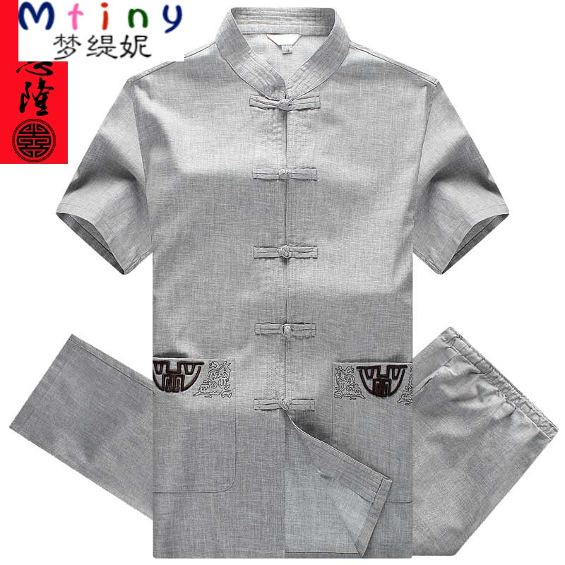 Mtiny亚麻唐装男中老年人爸爸夏装套装老人衣服60-70-80岁爷爷棉麻男装 39 深灰