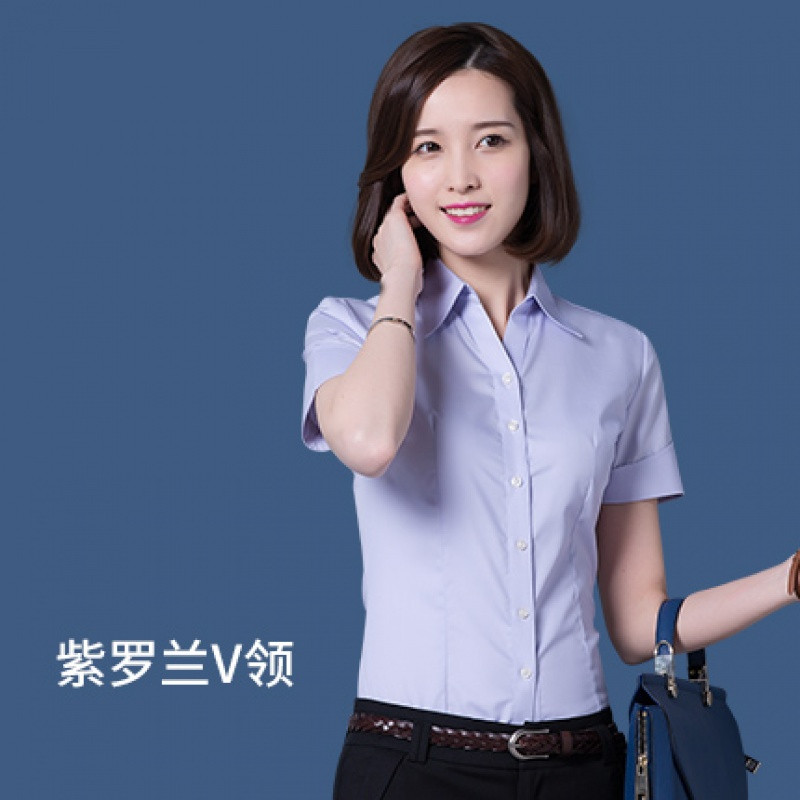 新款上市】衬衫女短袖职业装白色衬衣夏季韩版修身正装上衣工装寸衫2017新款 38-L 紫罗兰V领