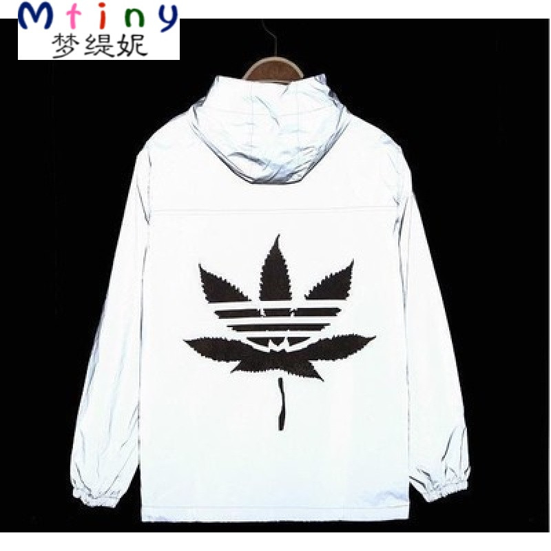 Mtiny春秋季韩版发光夜光冲锋风衣日系潮流学生3M反光衣服男女荧光外套 M 麻叶