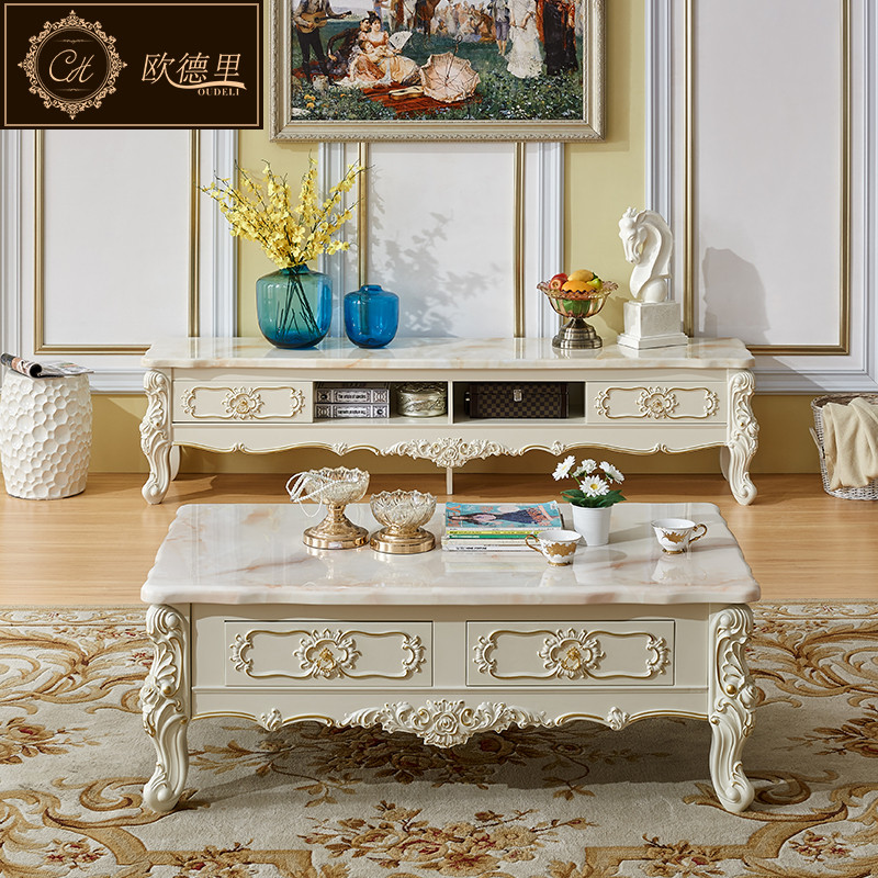 欧德里 欧式电视柜大理石面客厅简欧象牙白电视机柜茶几组合 大理石电视柜2.2*0.46【描金】