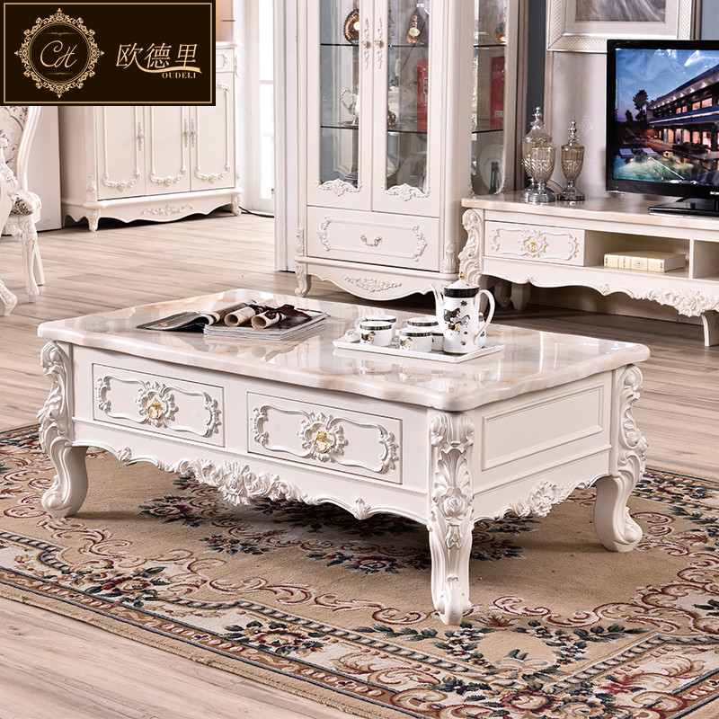 欧德里 欧式电视柜大理石面客厅简欧象牙白电视机柜茶几组合 大理石茶几1.4*0.8【描银】