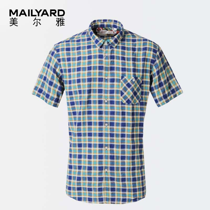 美尔雅（MAILYARD）短袖衬衫 棉麻时尚修身款 男士休闲格子衬衣 202 41S 蓝绿格