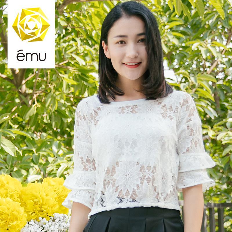 emu依妙 春夏上新女时尚浪漫双层袖口收腰蕾丝上衣