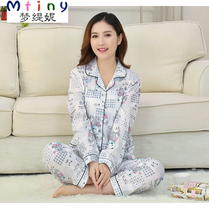 Mtiny中老年人纯棉长袖女士春秋季睡衣中年妈妈老人夏季大码家居服套装 L【90-115斤】亏本跑量 纯棉小熊灰