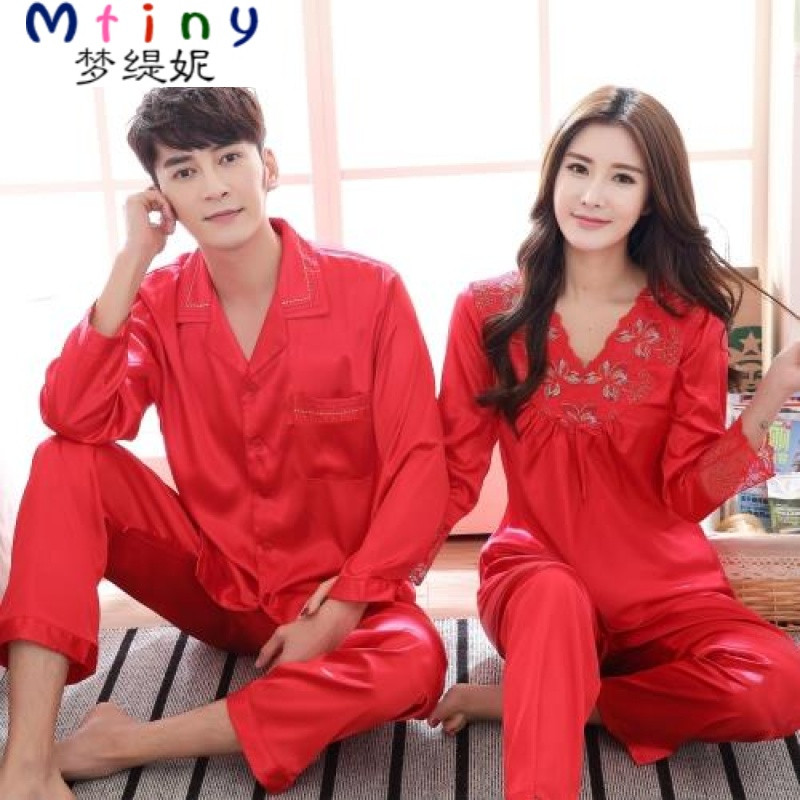Mtiny春夏季短袖丝绸情侣结婚睡衣长袖真丝男女士大红色睡衣套装家居服 男款L 208红色