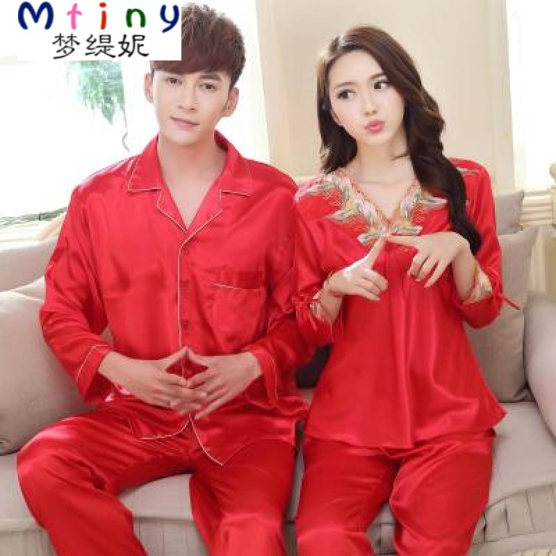 Mtiny春夏季短袖丝绸情侣结婚睡衣长袖真丝男女士大红色睡衣套装家居服 女款XL 804红色情侣