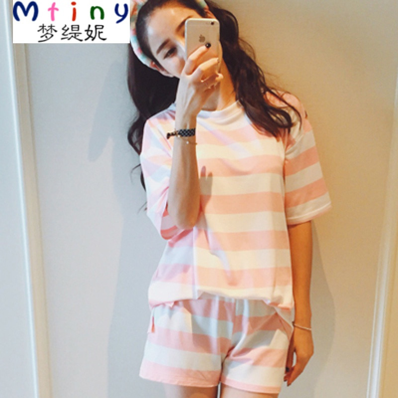 Mtiny韩版学生睡衣女夏吊带套装短裤少女休闲两件套薄款可爱公主家居服 XXL【110-120斤】 粉白条纹