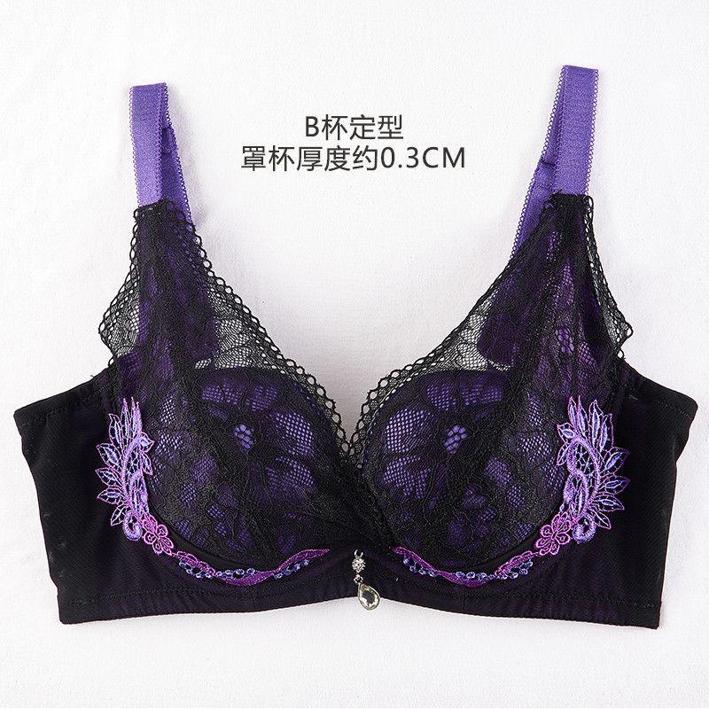 诗婷新款女士性感文胸聚拢侧收上薄下厚A杯三排扣纯色内衣FA5466_1 75A 黑色B杯