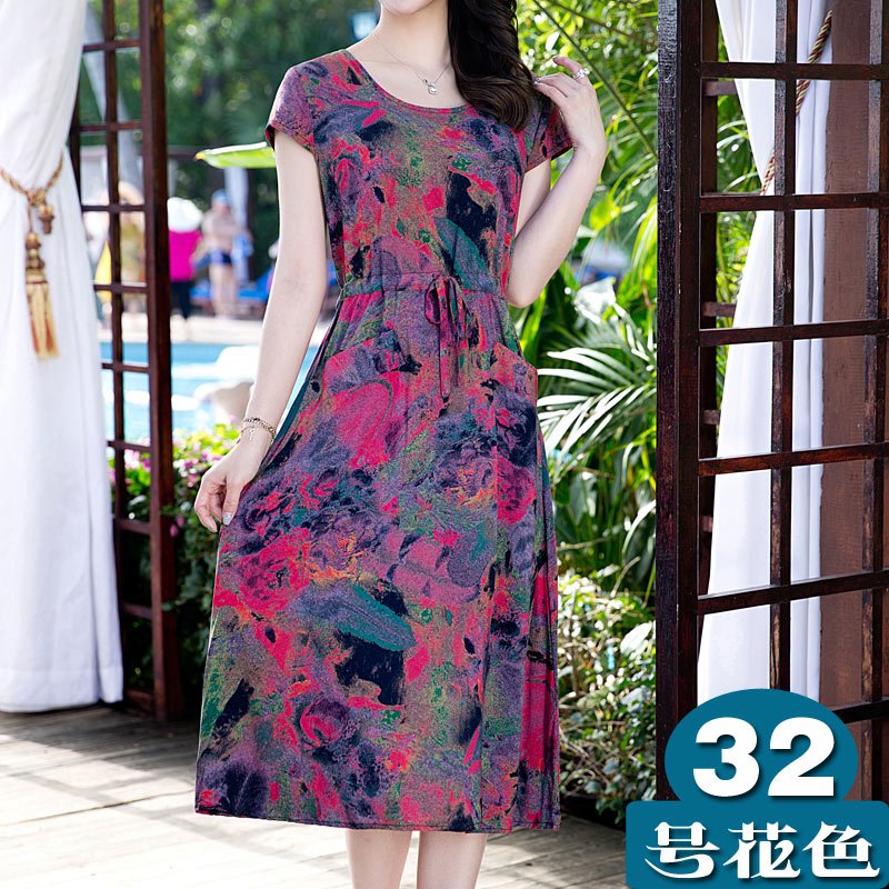818款妈妈装棉绸连衣裙2017夏装新款短袖印花大码中老年女装 【需要其他花色请备注】 32号