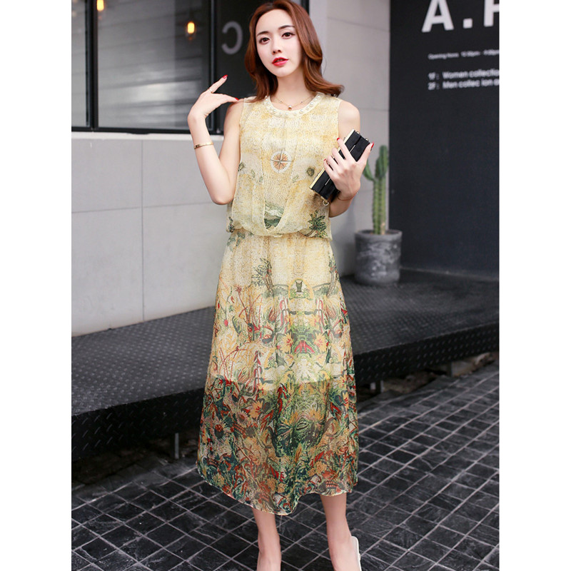 丝柏舍2019夏装女装个性前卫时尚无袖钉珠圆领印花收腰中长款连衣裙S72R1143L