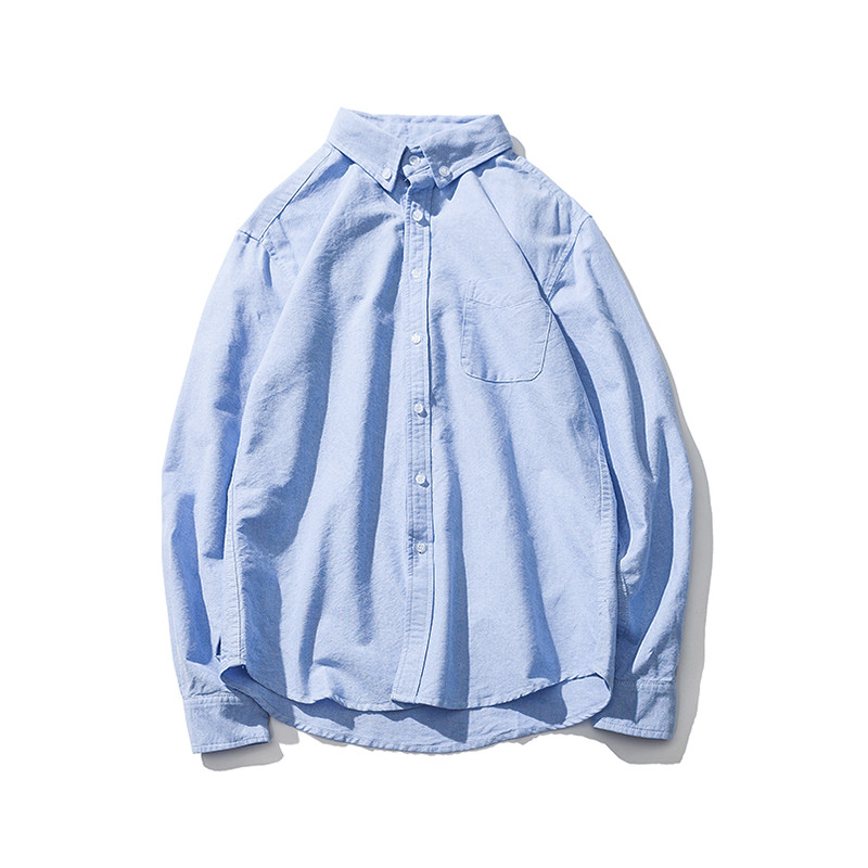 吉服社新款秋装纯色牛津纺白衬衫男士日系复古修身休闲青少年衬衣 L 蓝色