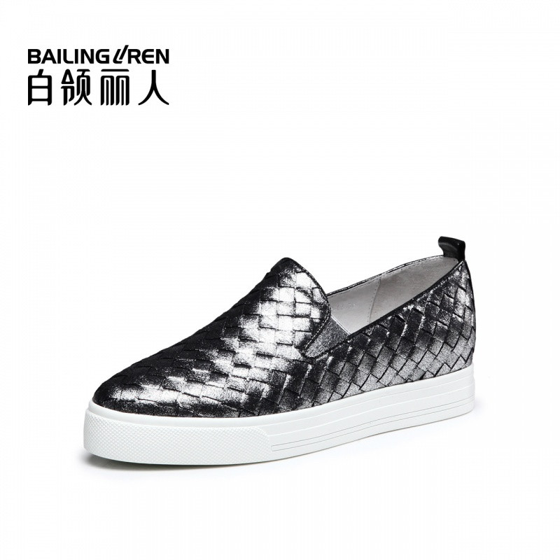 白领丽人春新欧美时尚舒适圆头编织布纹羊皮平底休闲鞋 银色现货 38