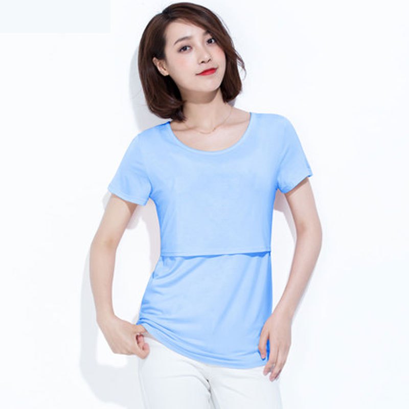哺乳衣外出夏季上衣喂奶衣服时尚潮妈薄款大码产后短袖T恤浦乳衣纯色简约小清新妈咪短袖产女哺乳衣多款可选 M 天蓝