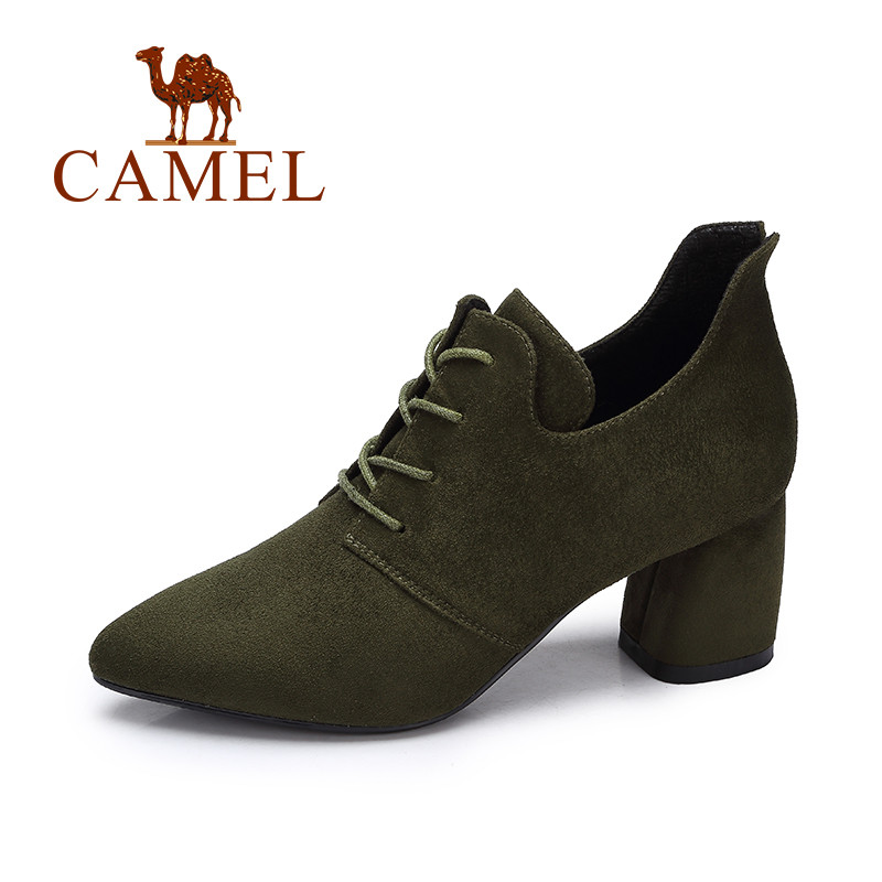 CAMEL骆驼女鞋新款 简约百搭高跟鞋女 舒适优雅粗跟尖头单鞋 绿色 38码
