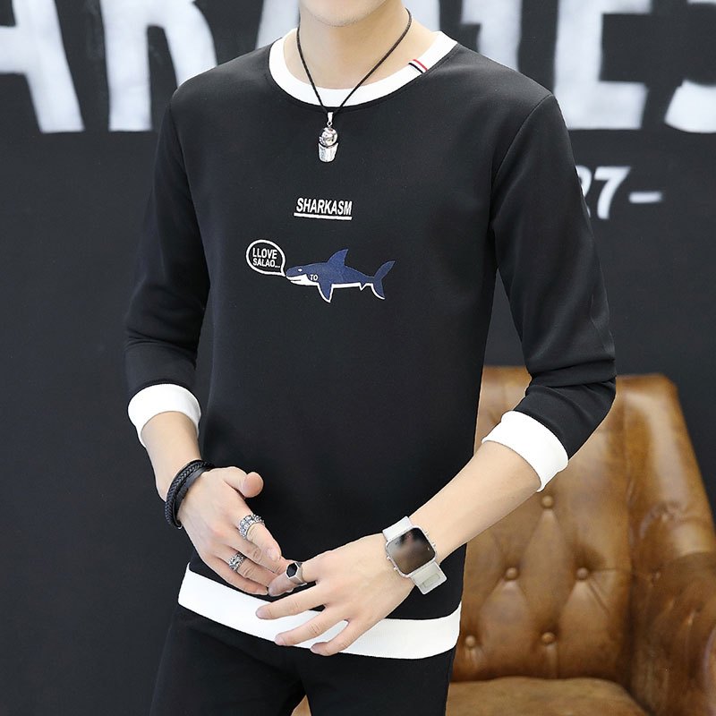 韦斯普 2017秋季新款男士圆领套头卫衣韩版时尚修身长袖T恤F-2系列 XL 黑色833