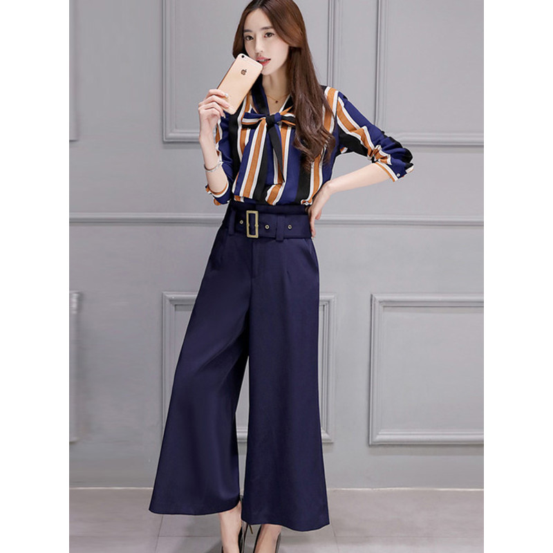 丝柏舍2017秋季新款女装条纹上衣搭阔腿裤套装(配腰带)S71R0095 XL 藏青色
