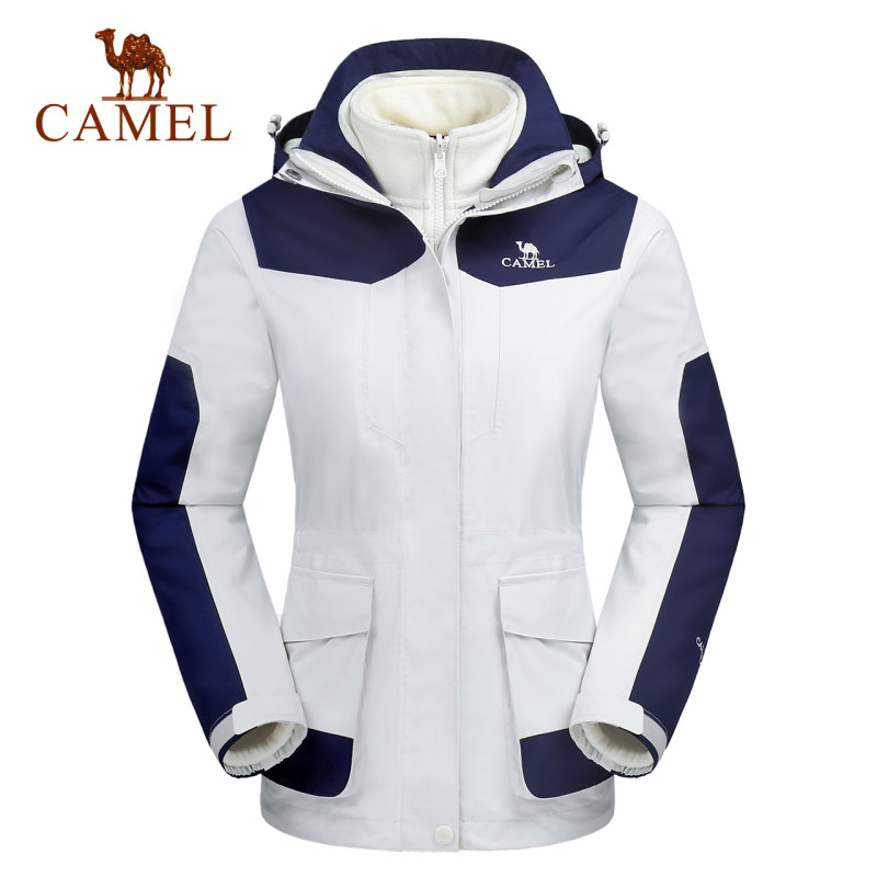 CAMEL骆驼户外情侣冲锋衣 防风拒水抗撕裂男女冲锋衣 M A7W146150，暖白/墨蓝，女款
