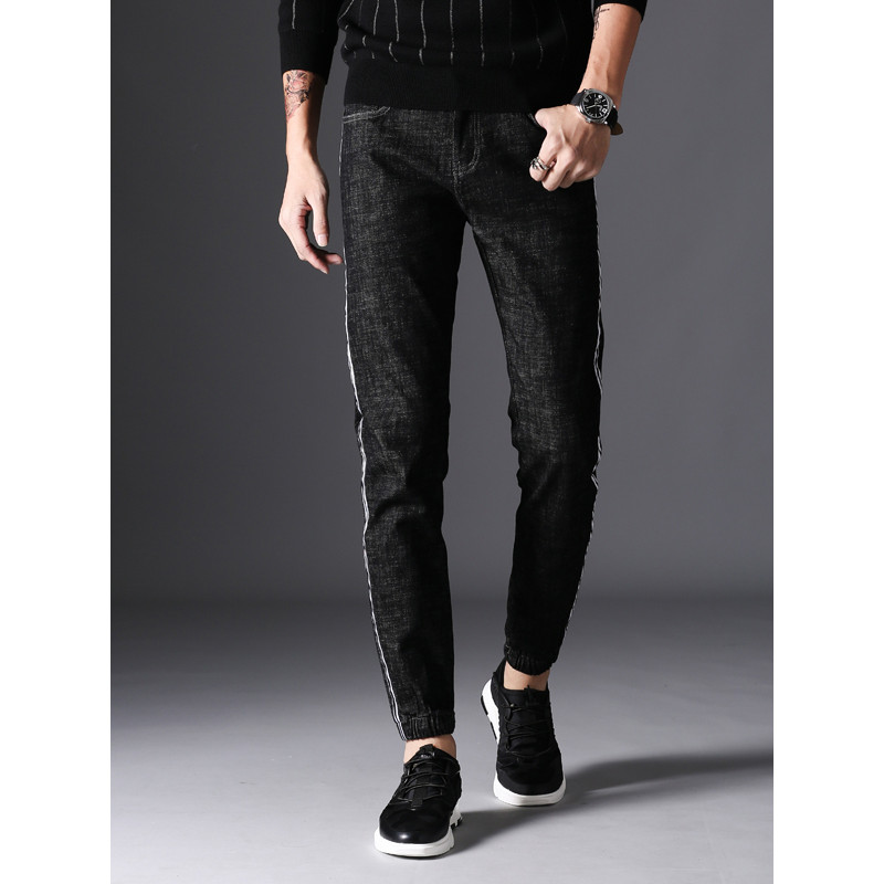 超音狼男装舒适透气韩版高弹牛仔弹力束脚九分裤2017HD-1809 32(2尺5) 黑色