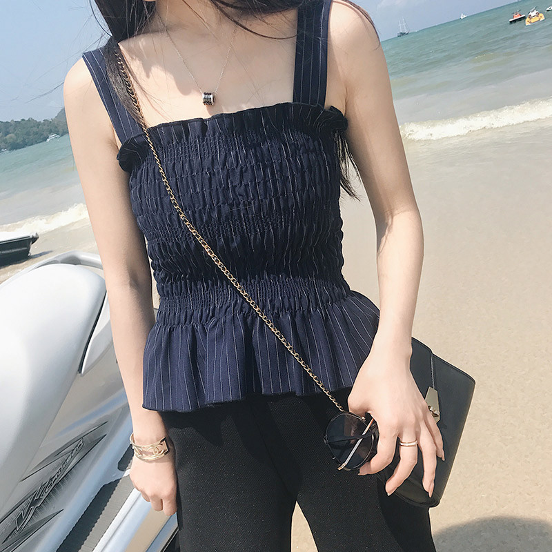 828新款陈熙萌荷叶木耳边显瘦无袖露肩性感吊带上衣外穿百搭背心女夏短款 S 蓝色