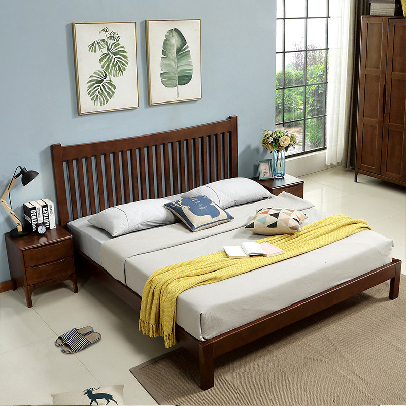 天惠子简约北欧系列全实木床1.8米/1.5米胡桃色原木单双人床 婚床卧室家具 1.8米单床+床头柜*2（颜色备注）
