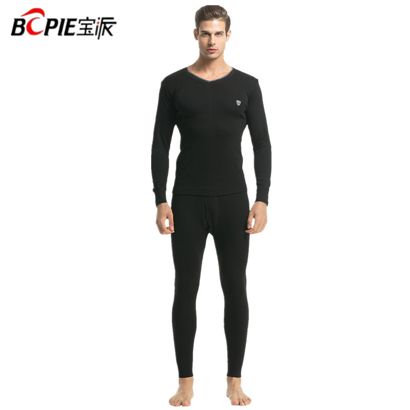 宝派男士纯棉保暖内衣套装打底棉毛衫青年全棉基础男修身秋衣秋裤 7537款 XXL 纯色V领-黑色