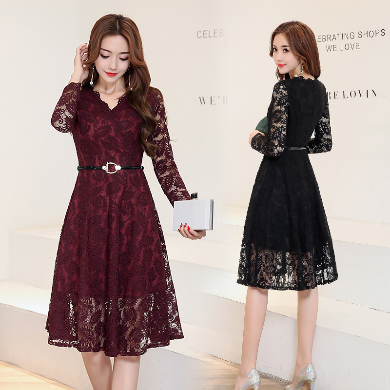 韩版百搭甜美连衣裙长袖纯色中腰显瘦修身2017年春季 2XL 黑色