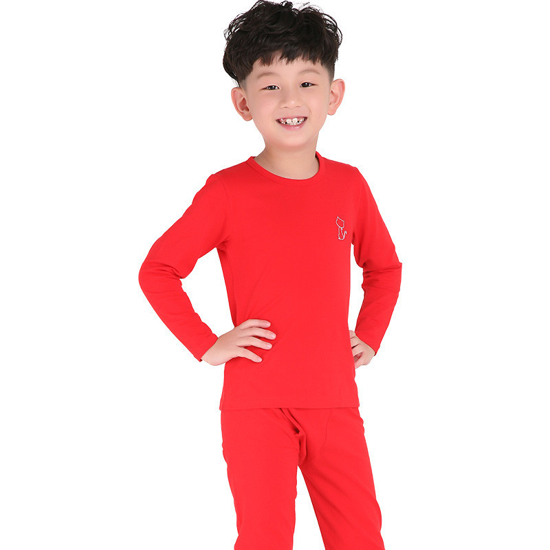 猫人儿童 男女童纯棉莱卡套服男孩女孩保暖家居服套装 经典组合款 150CM 红色（男孩圆领）