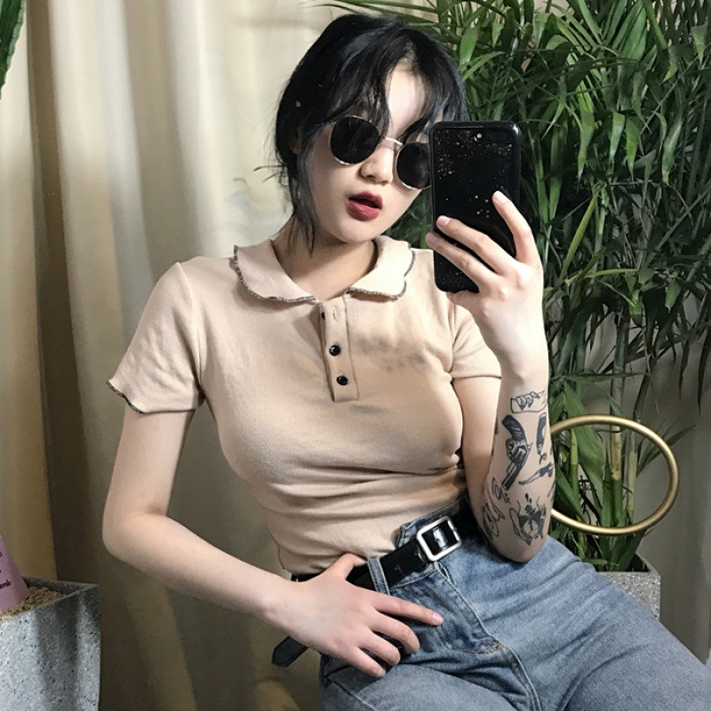 828新款春夏女装2017新款韩版Polo领修身短袖T恤百搭上衣打底衫学生显瘦