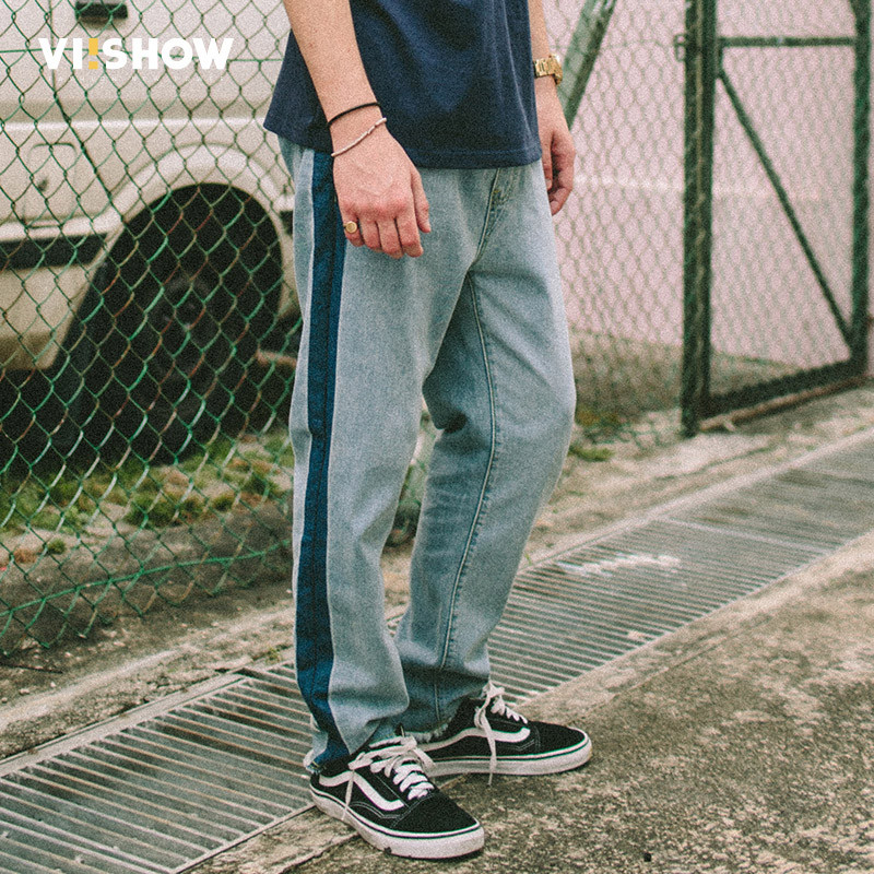 viishow2017潮牌牛仔长裤男水洗拼接纯棉裤子复古街头男裤