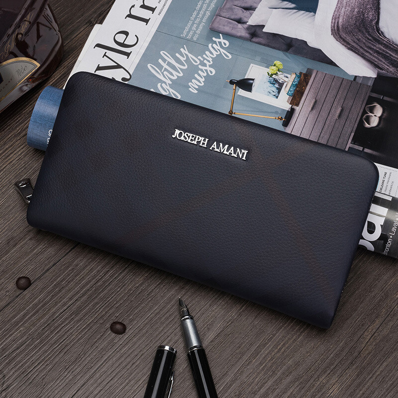 卓梵阿玛尼手包男真皮长款拉链钱包商务牛皮格子手抓包男韩版潮2017