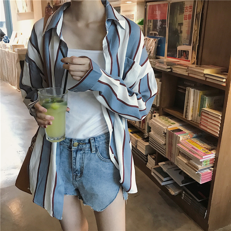 秋装女装韩版复古宽松竖条纹长袖衬衫百搭显瘦休闲衬衣防晒衣学生_1 均码 蓝色