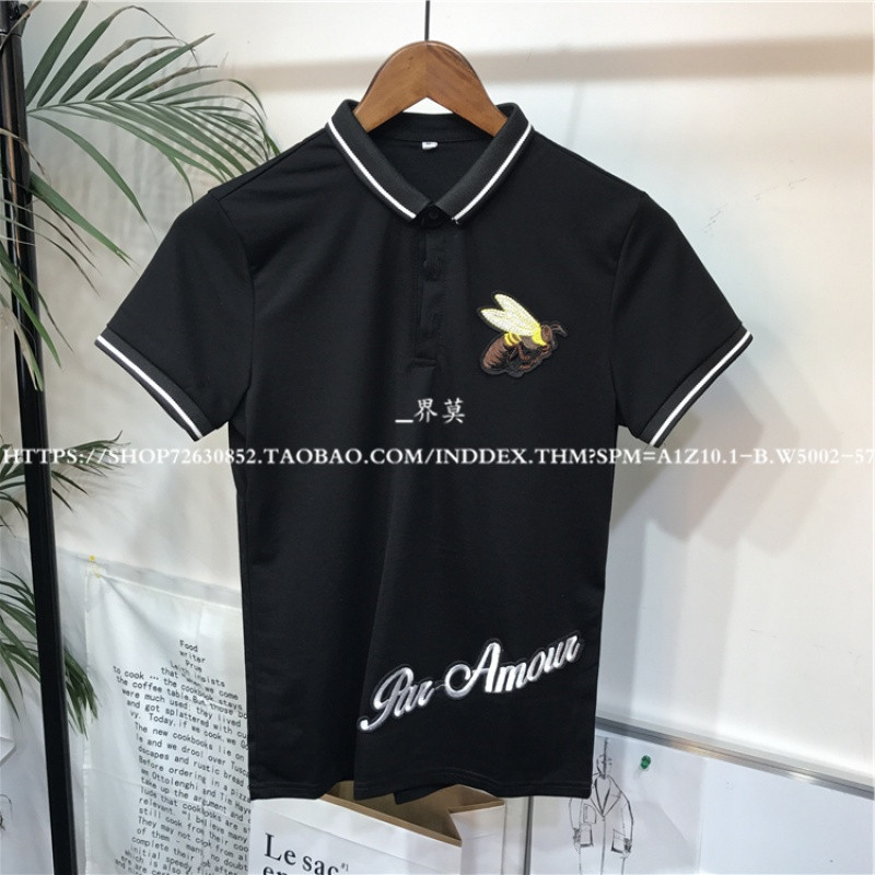 bw9新款春夏新款小蜜蜂刺绣polo衫短袖T恤男士夏季上衣翻领修身半截袖T 2XL 黑色
