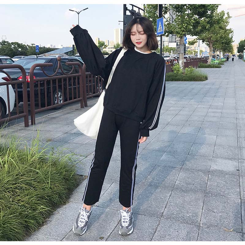 2017秋冬新款韩版运动休闲套装时尚薄款女士卫衣上衣+长裤两件套 L 黑色