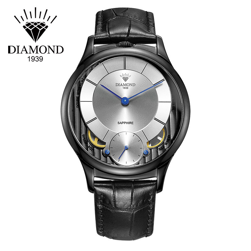 上海钻石(DIAMOND)手表男机械表时尚新潮大表盘双表盘石英机械精钢DM-5201真皮石英表男机械表男
