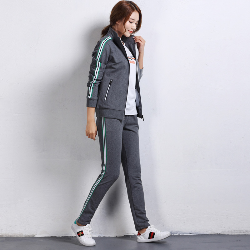 奇安达2017新款运动套装男秋季长袖情侣运动服套装女韩版卫衣休闲运动三件套 913 灰色（女款） XL