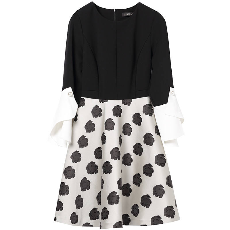 洛诗琳2017秋装新款女装长袖高腰不规则简约复古喇叭袖黑色连衣裙LQDR572682 XXL 黑色