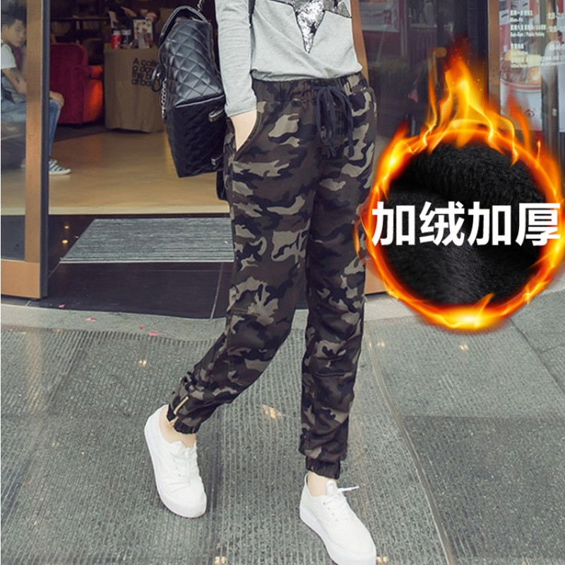 bw9新款迷彩裤女秋冬装蘑菇街纯棉韩版九分休闲裤子宽松小脚哈伦运动长裤 XL 加绒-长裤【优质版】