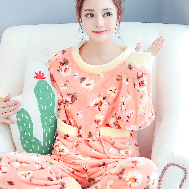 bw9新款反季促韩版甜美可爱珊瑚绒睡衣女秋冬季加厚长袖法兰绒家居服套装 7天无理由退换，购物无忧 YDM-T57粉色底海棠